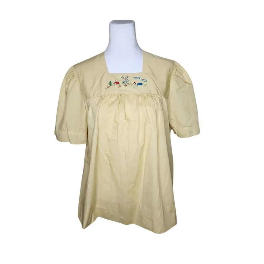 Vintage 60s Flutter Sleeve Embroidered Peasant Blouse Womens Size M Yellow